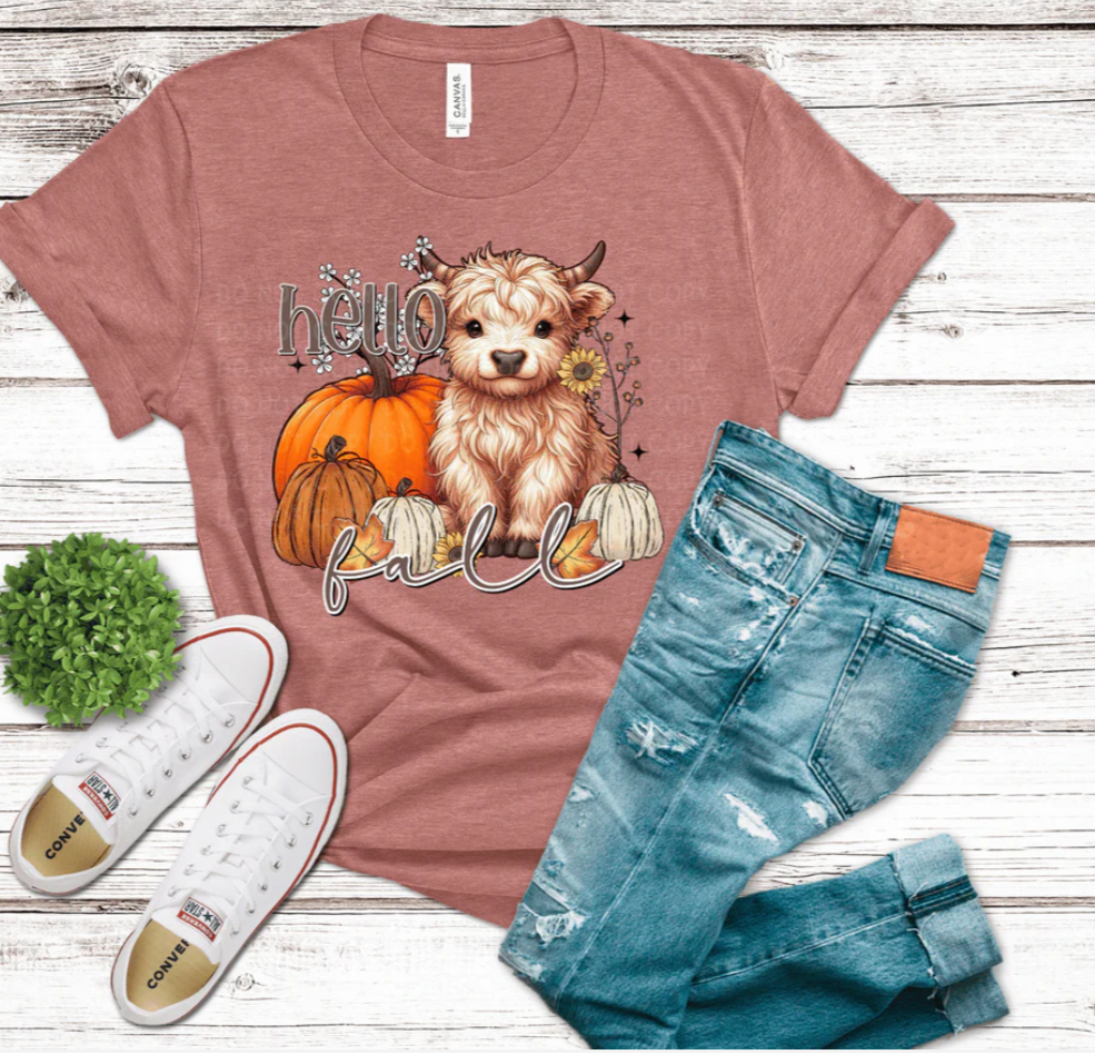 Hello Fall, Highland Cow - Graphic T-Shirt