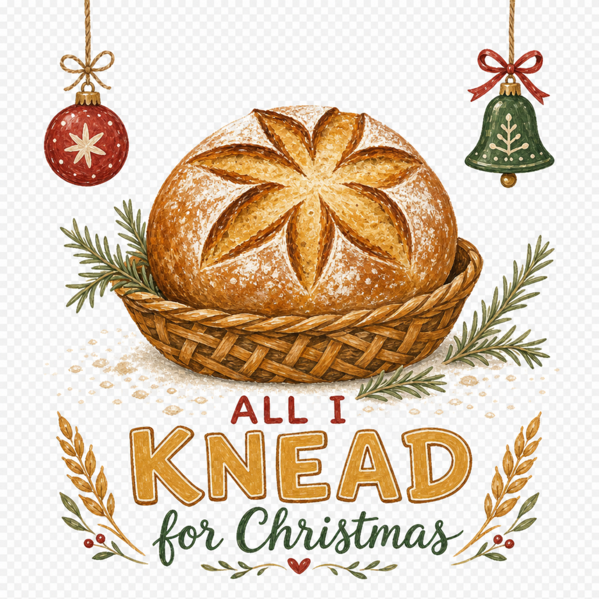 Christmas-themed illustration featuring a round rustic loaf of bread in a woven basket, with hanging ornaments and the text 'ALL I KNEAD for Christmas' on a transparent checkered background.