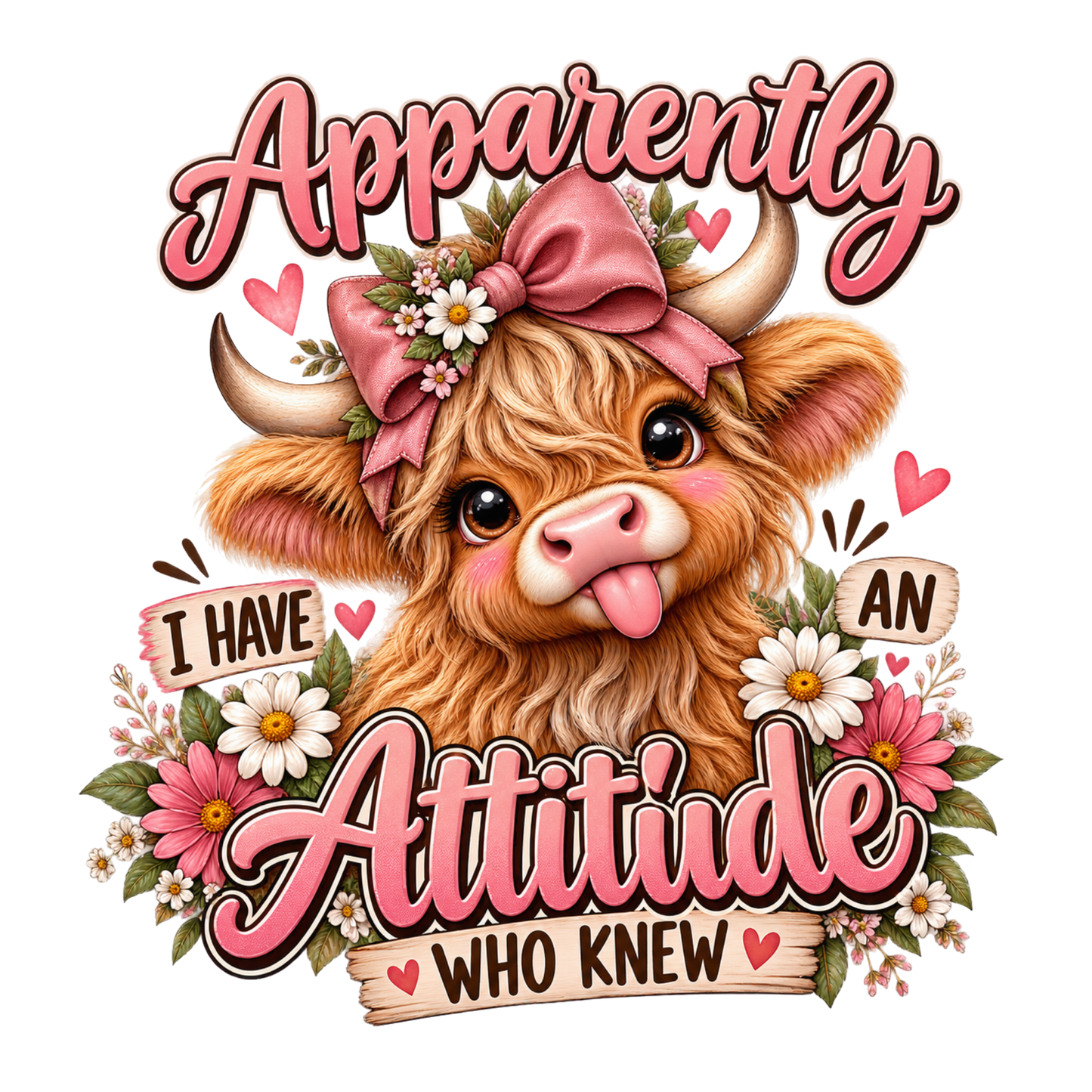 A stylized cartoon Highland cow with pink lettering reading 'Apparently I Have An Attitude Who Knew,' surrounded by flowers and hearts on a plain white background.