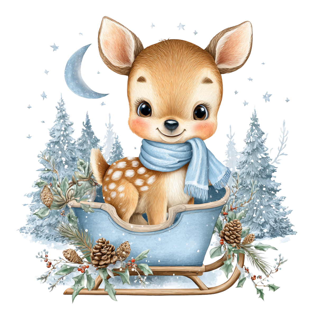 Baby Reindeer in a Sleigh Surrounded by Trees Graphic Onesie