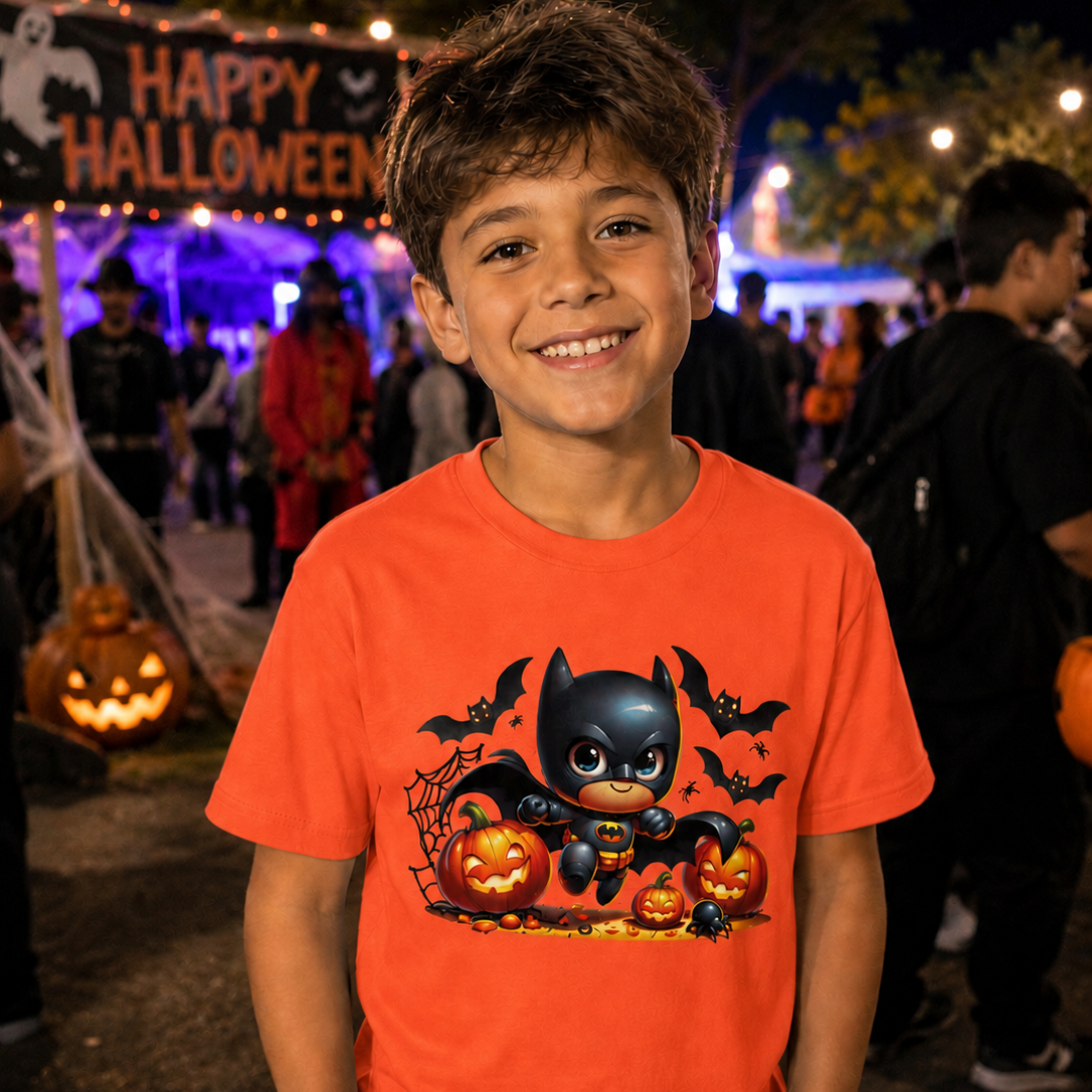 Child wearing an orange shirt with a Batman design at a Halloween event.
