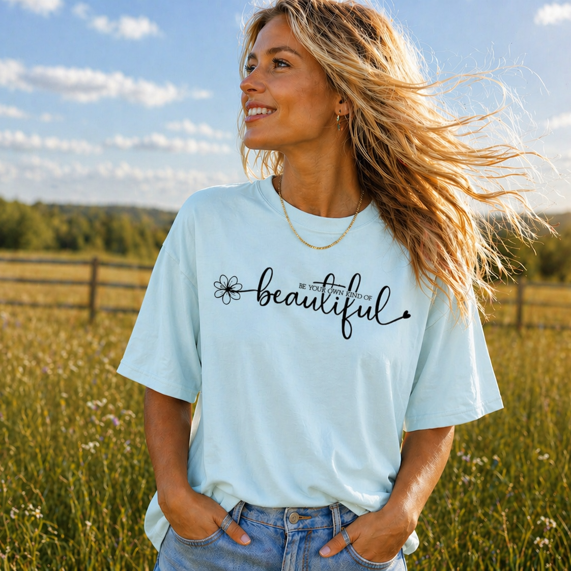 Woman wearing a light blue t-shirt with 'beautiful' printed on it, standing in a field.