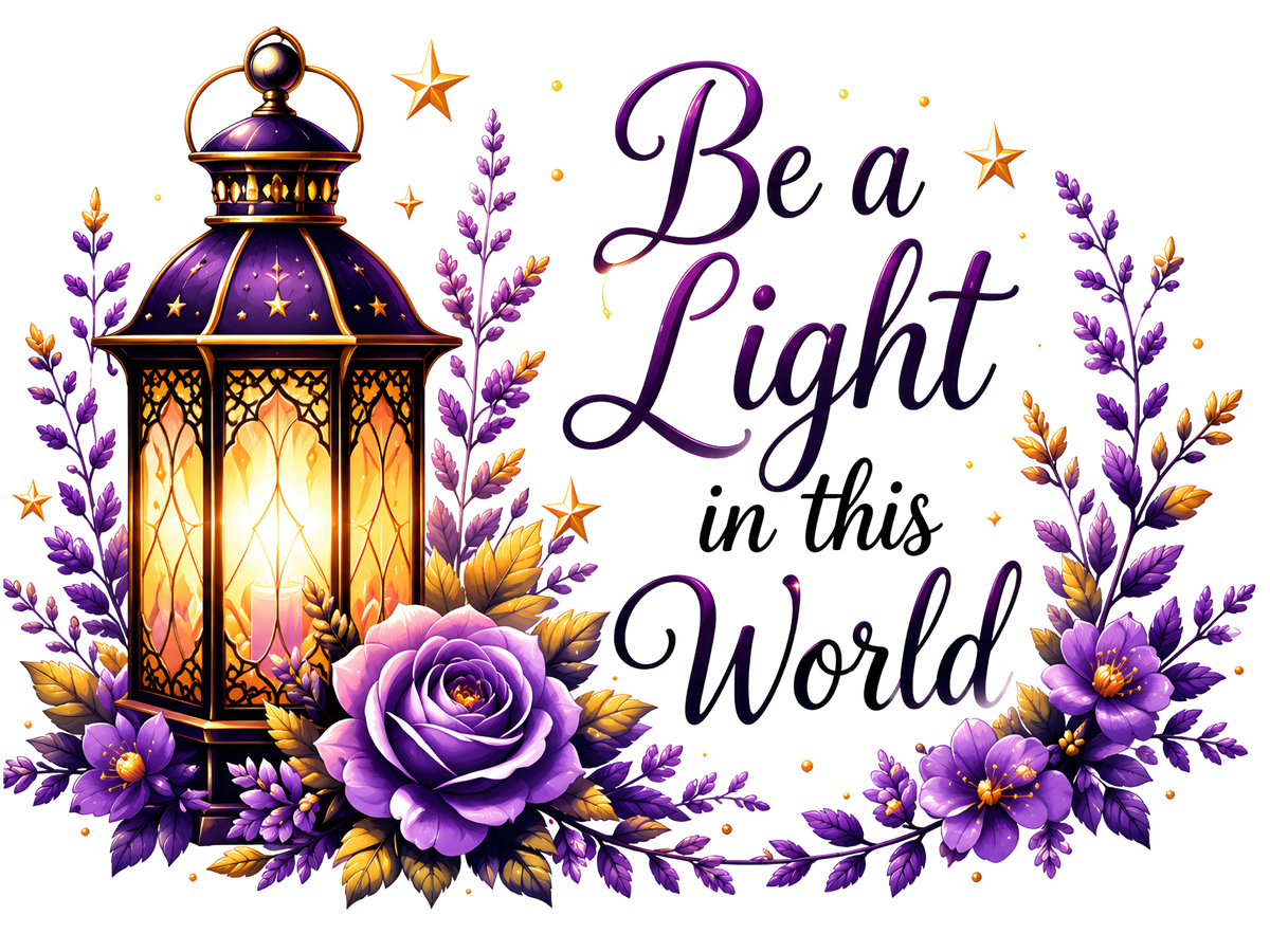 A decorative graphic with the phrase “Be a Light in this World” in purple script, accompanied by a glowing lantern, purple roses, lavender sprigs, and small gold stars on a black background.