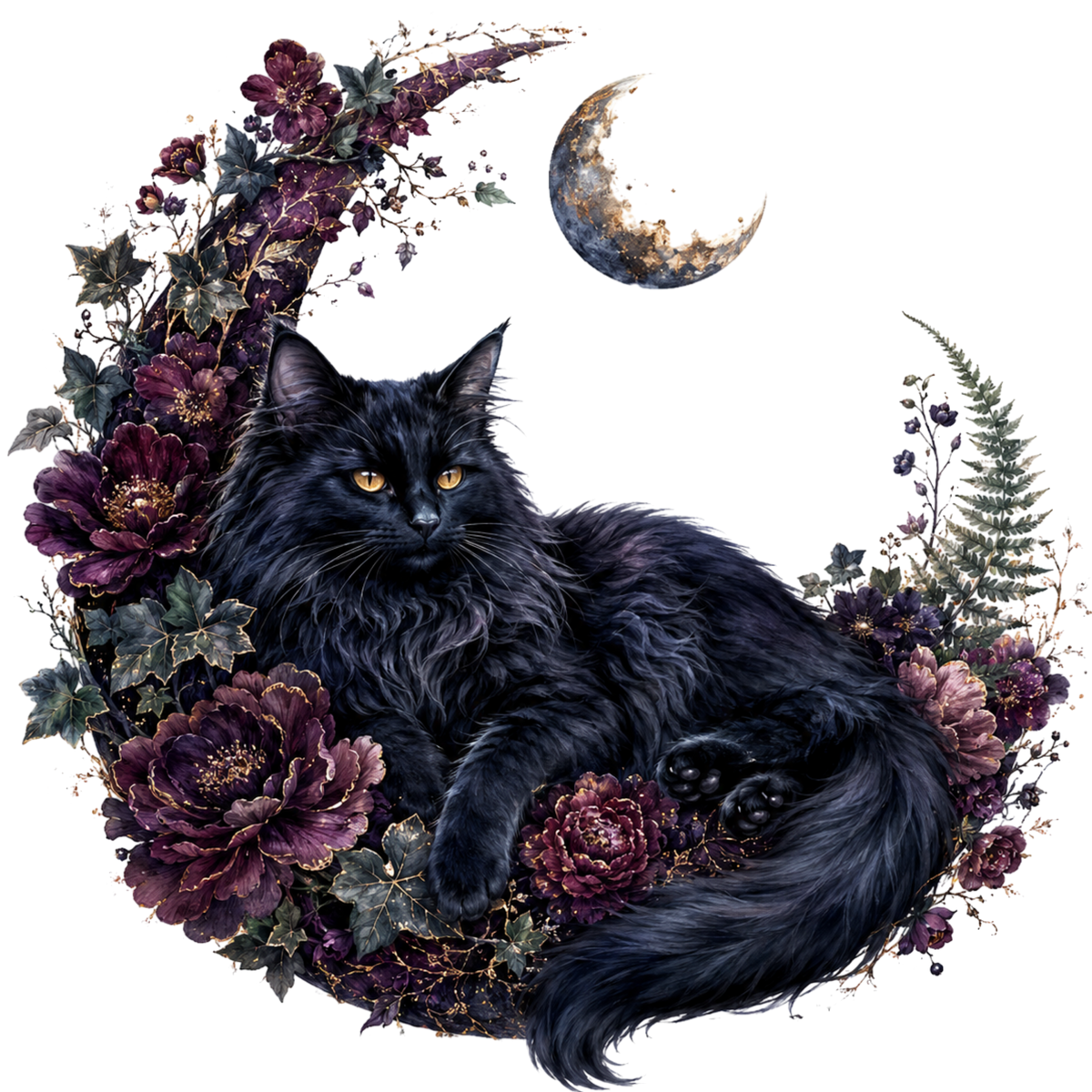 A long-haired black cat with yellow eyes rests inside a crescent moon wreath decorated with dark purple flowers and green leaves, with a crescent moon in the upper right, isolated on a black background.