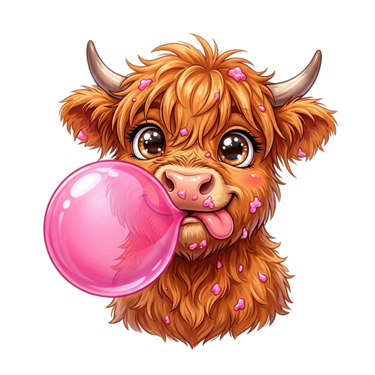 A cute fluffy orange-brown highland cow with pink flower petals on its fur, blowing a large pink bubblegum bubble, set against a solid white background.