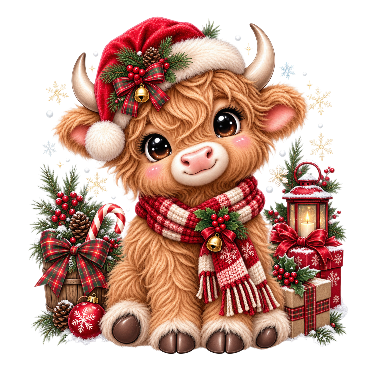 A cute cartoon Highland cow wearing a red Santa hat and matching red-and-white plaid scarf, surrounded by Christmas decorations including ornaments, wrapped gifts, a lantern, pinecones, and candy canes on a white background.