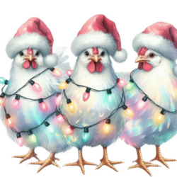 Cozy holiday sweatshirt featuring three chickens tangled in colorful Christmas lights, perfect for festive farmyard fun.