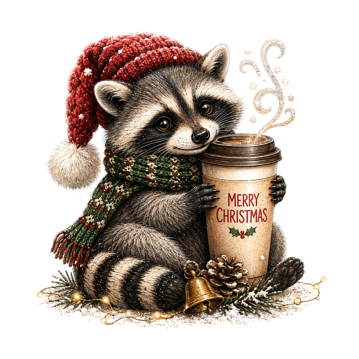 Christmas Coffee Raccoon with Santa Hat