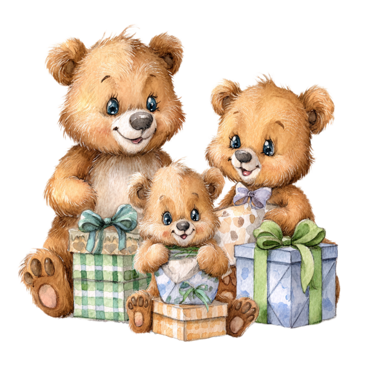 Watercolor-style illustration of three teddy bears surrounded by wrapped gift boxes on a plain white background.