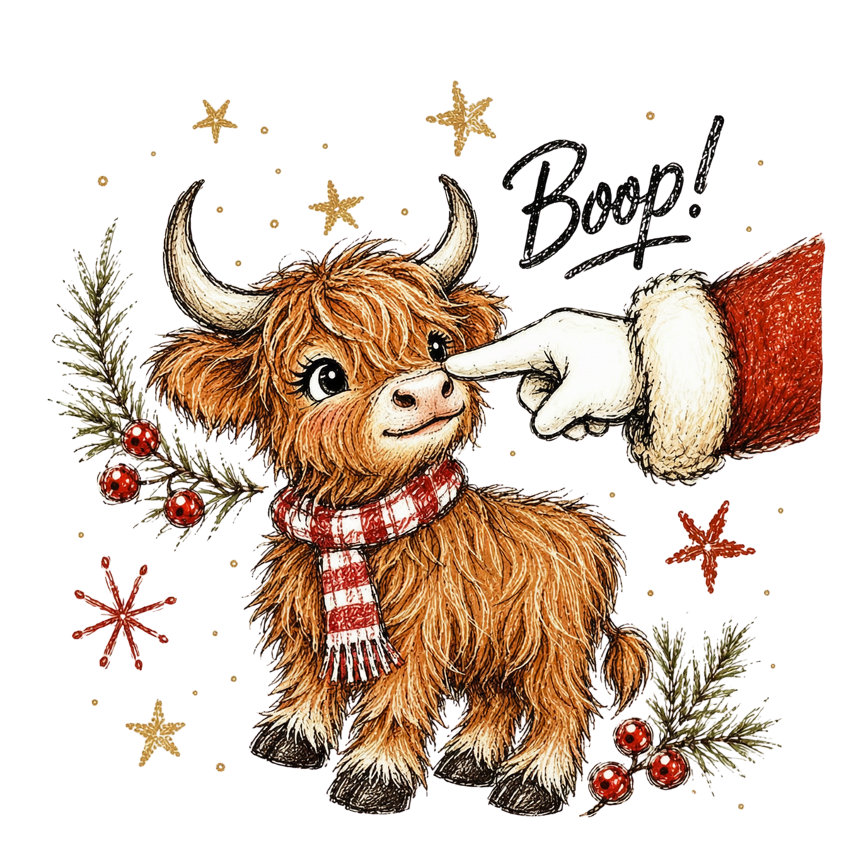 A festive illustration of a fluffy brown highland cow wearing a red-and-white striped scarf, with a human hand in a white glove touching its nose. The scene includes the word “Boop!” and holiday decorations such as pine branches, red berries, gold stars, and red snowflake motifs on a white background.