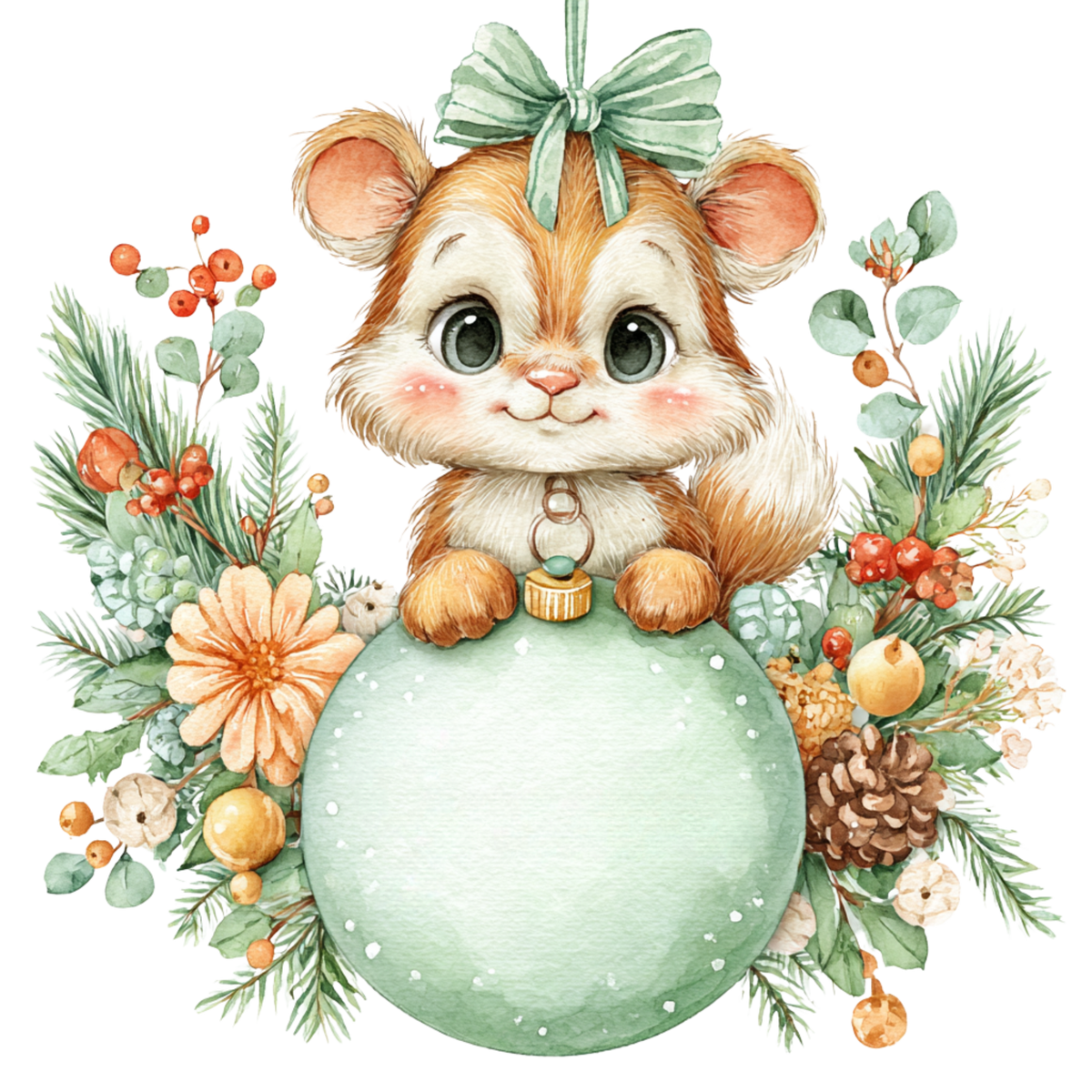 Watercolor-style illustration of a small brown and cream hamster sitting on a large pale green ornament, surrounded by festive greenery, berries, flowers, pine branches, and a bow, on a white background.