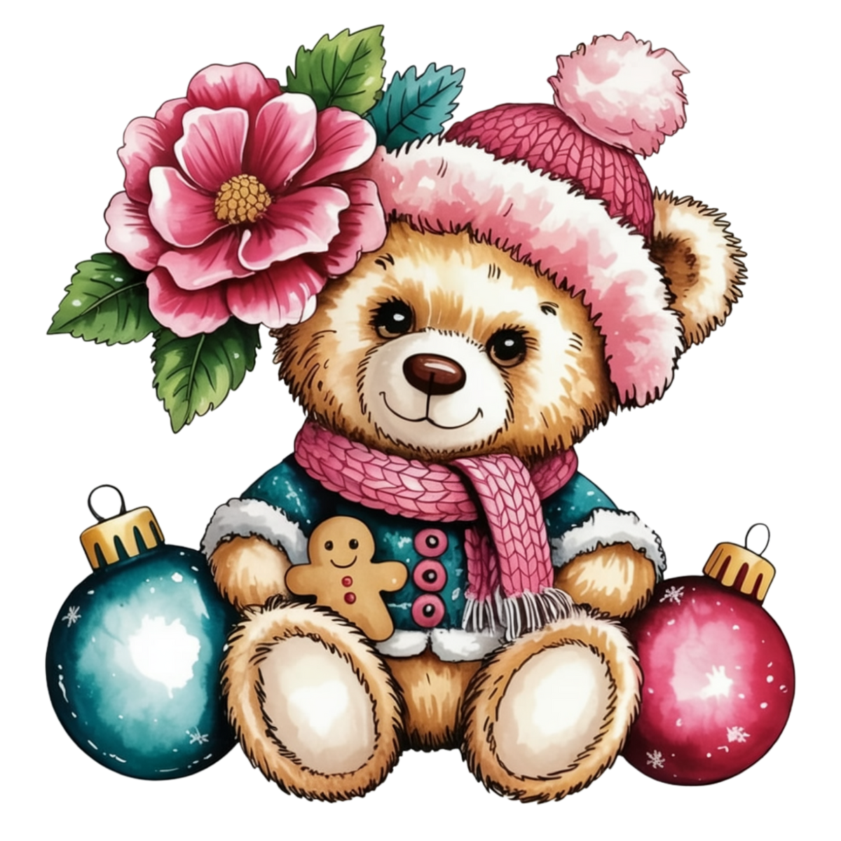 A cute cartoon teddy bear wearing a pink knit hat with a pom-pom and a pink knit scarf, surrounded by a large pink flower, green leaves, a gingerbread cookie, and two Christmas ornaments on a plain white background.