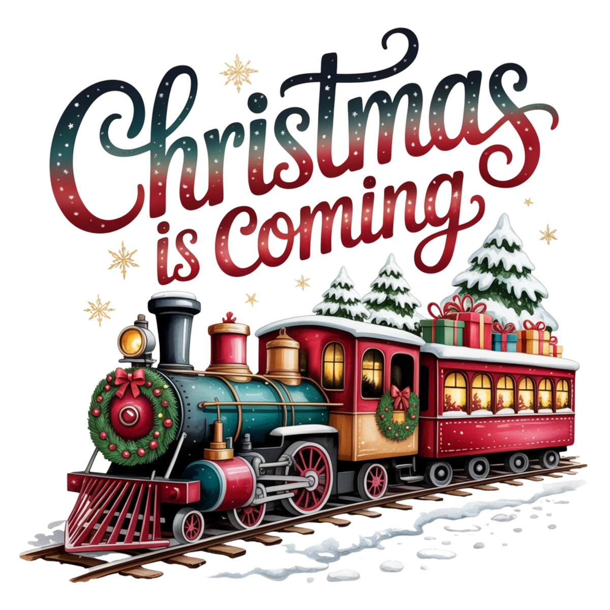 A festive Christmas-themed graphic with the phrase “Christmas is coming” in large decorative lettering above a cartoon-style train carrying snow-covered Christmas trees and wrapped gifts on its roof, set on tracks with snow around it on a white background.