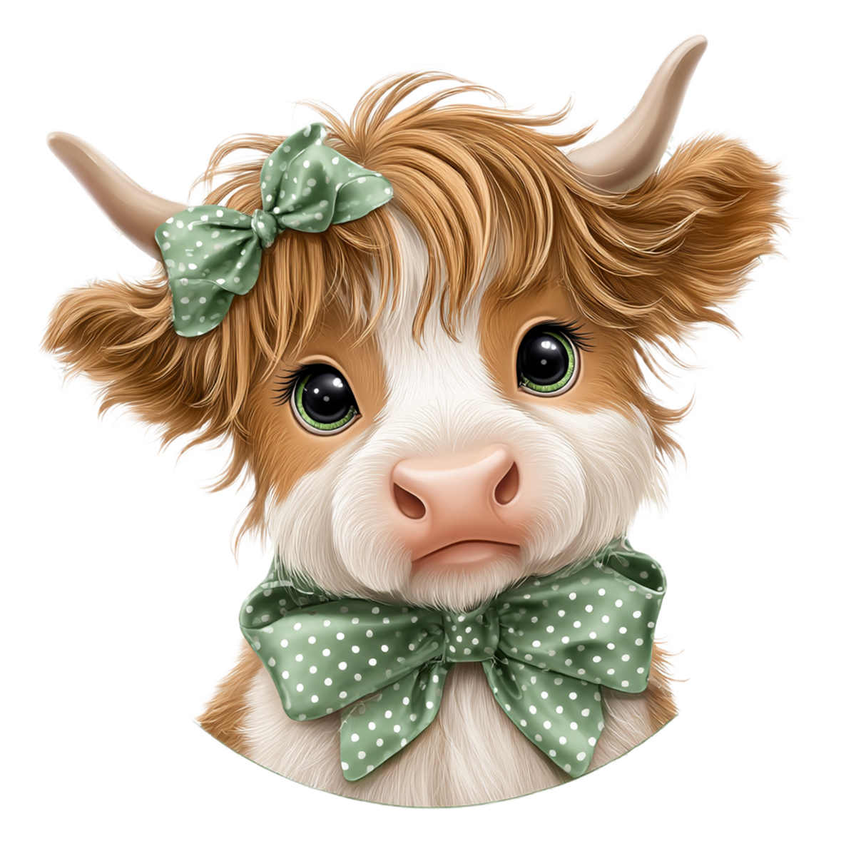 A stylized digital illustration of a cute brown and white cow with large green eyes, wearing a green polka-dot bow on its head and a matching green polka-dot bow around its neck, set against a solid white background.