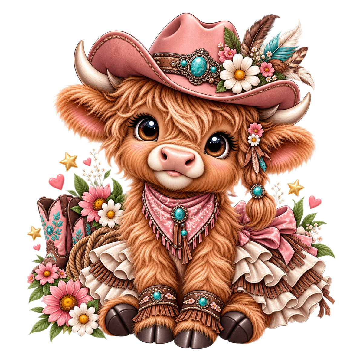 A cute graphic design cowgirl calf wearing a pink cowboy hat with turquoise accents, a pink bandana, and floral decorations, shown on a plain white background.