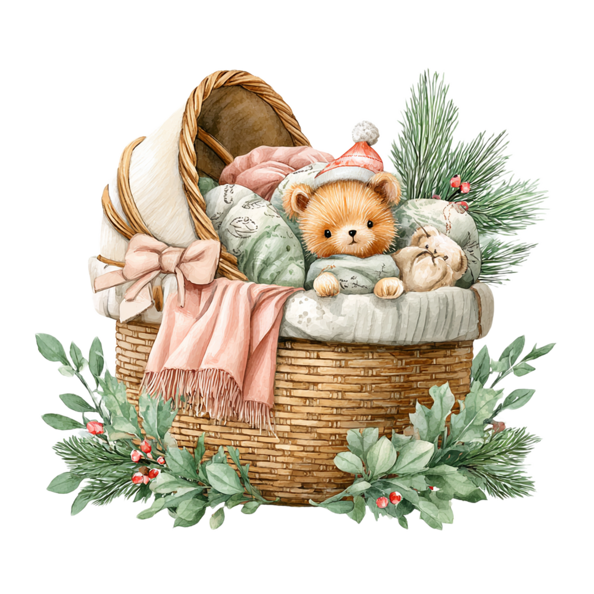 A watercolor-style illustration of a wicker baby carriage decorated for Christmas, filled with soft blankets and a small teddy bear wearing a Santa hat, surrounded by green pine branches and holly leaves on a white background.