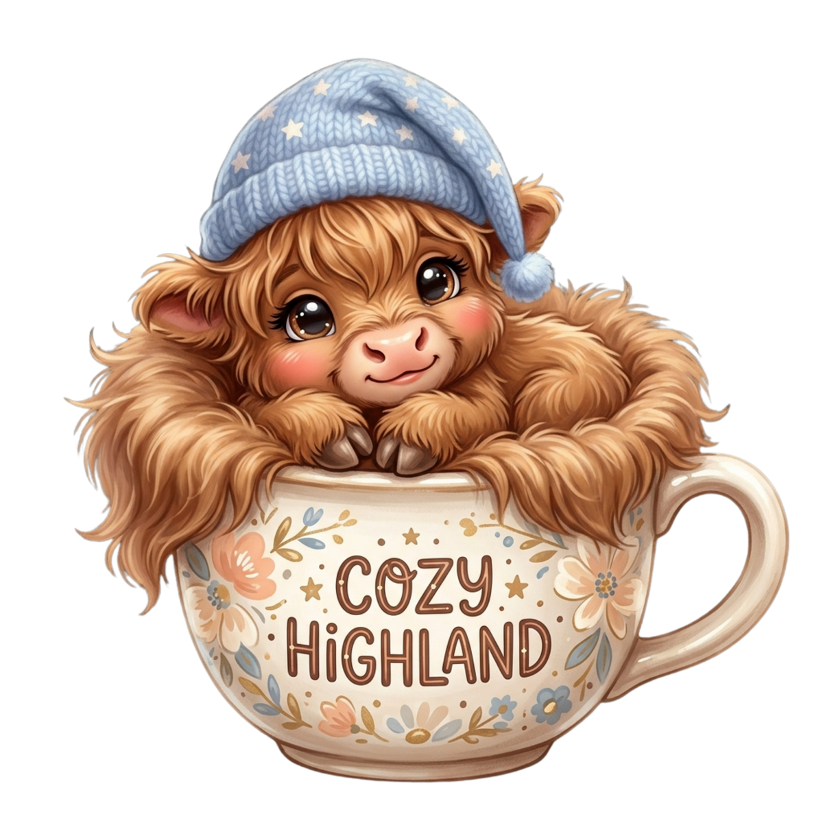 A cute fluffy brown highland cow sitting inside a cream-colored teacup with floral details and the words 'COZY HIGHLAND' on the front, wearing a light blue knit hat with stars. The background is solid white.