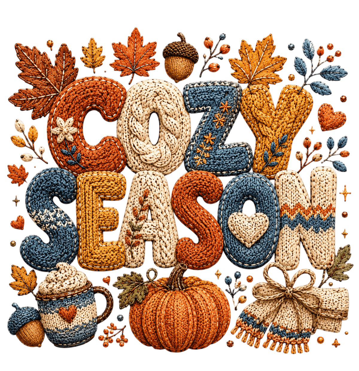 A cozy autumn-themed decorative graphic reading “COZY SEASON” in knitted letter shapes, surrounded by fall leaves, acorns, berries, a mug, a pumpkin, and a scarf on a white background.