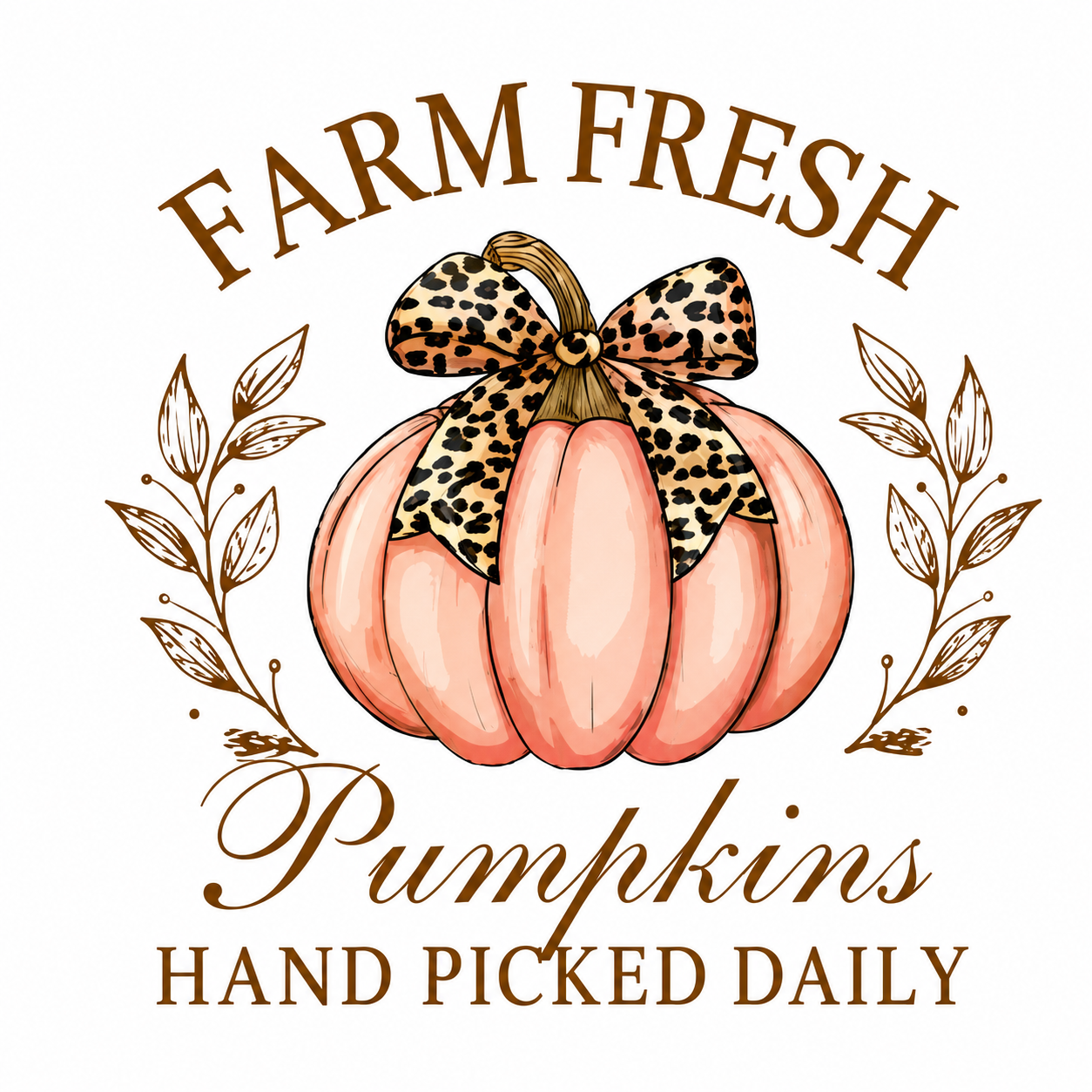 Close up of a Graphic of a pumpkin with a bow and text Farm Fresh Pumpkins Hand Picked Daily
