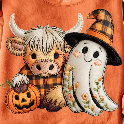 Fall sweatshirt featuring a faux-embroidered Highland cow and ghost design, perfect for cozy autumn outings.