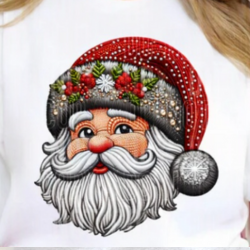 Graphic sweatshirt featuring a faux embroidery Santa with detailed stitch-inspired design, cozy and festive for holiday wear.