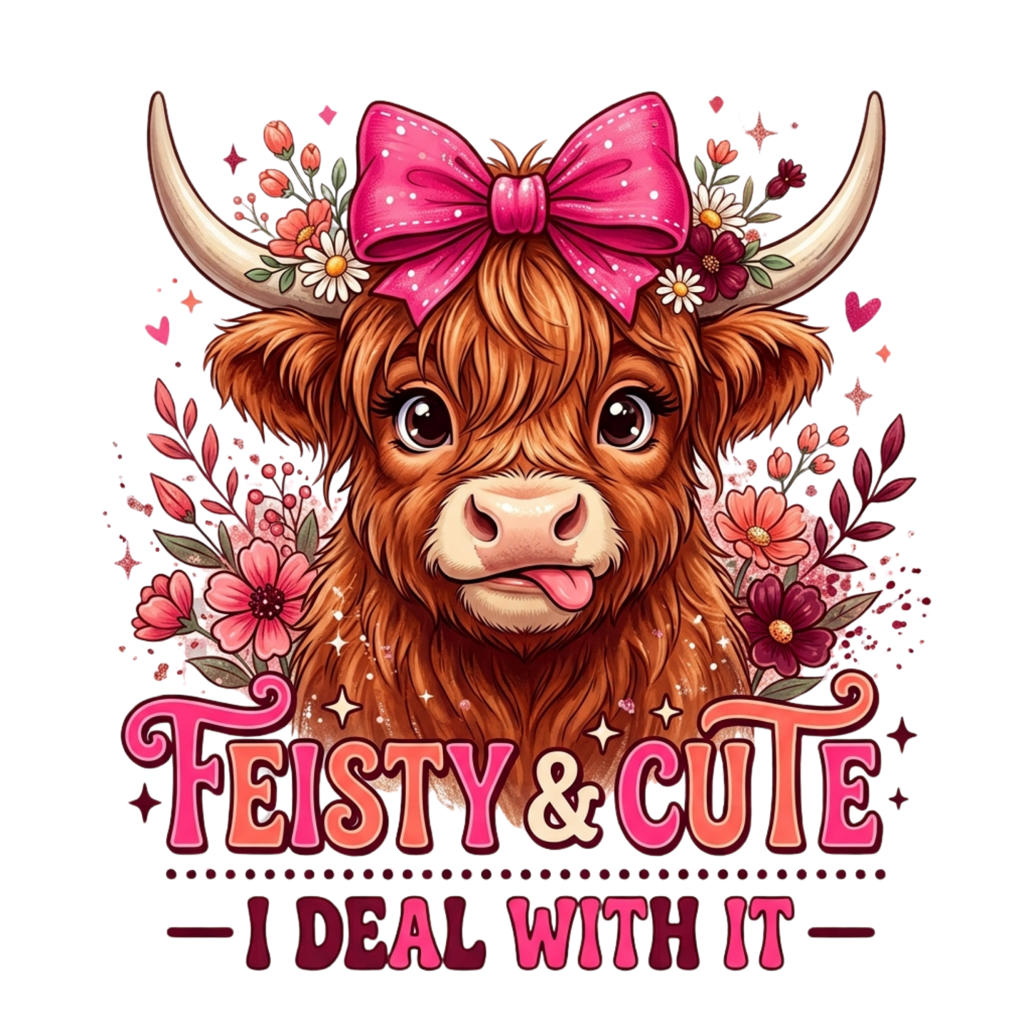 A stylized cartoon highland cow with large horns, a bright pink bow, and floral accents above the text 'Feisty & Cute - I Deal With It' on a plain white background.