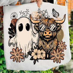Fall sweatshirt featuring a Highland cow in sunglasses with autumn florals and a ghost for a playful Halloween touch.