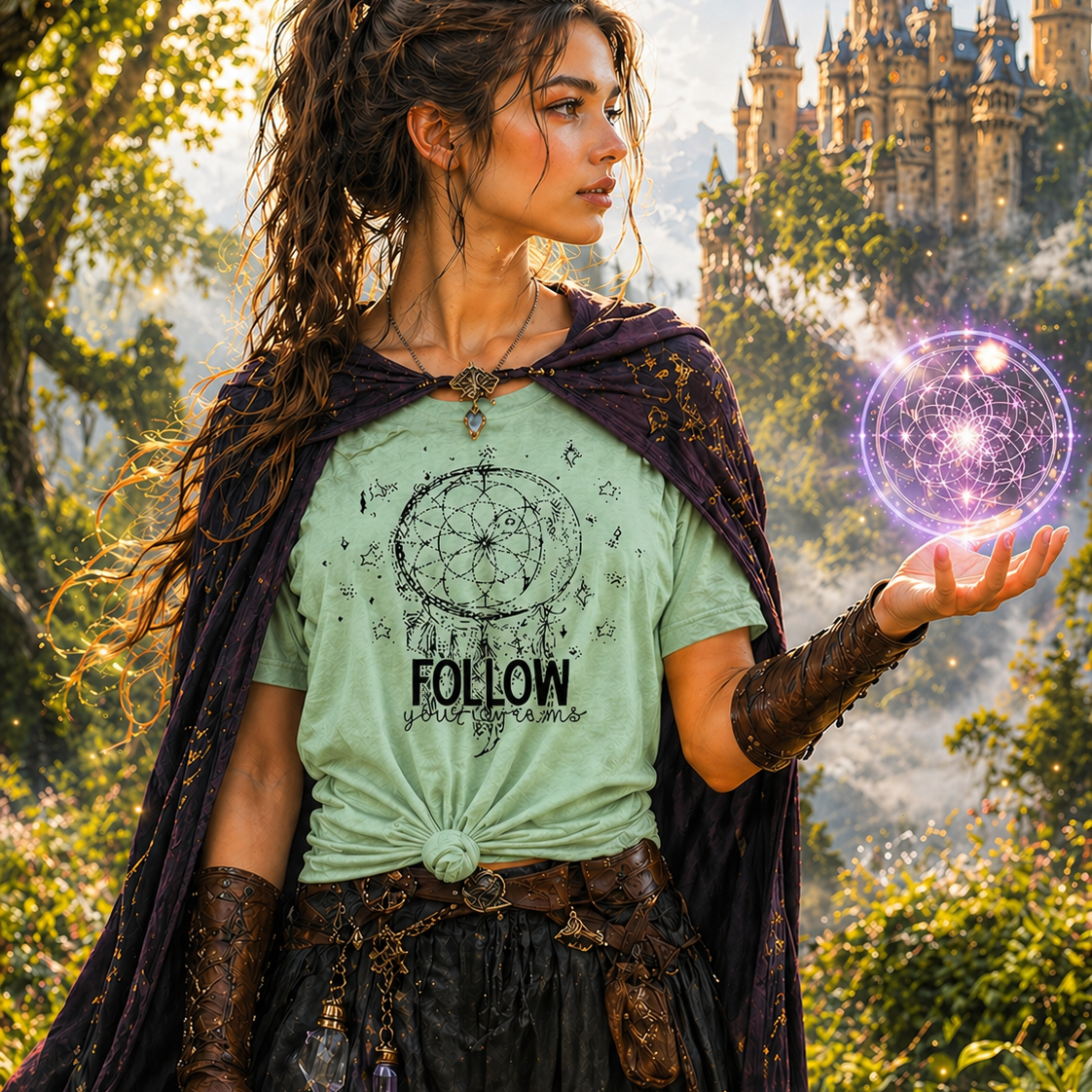 Girl wearing a mint green graphic T-shirt with Follow Your Dreams design