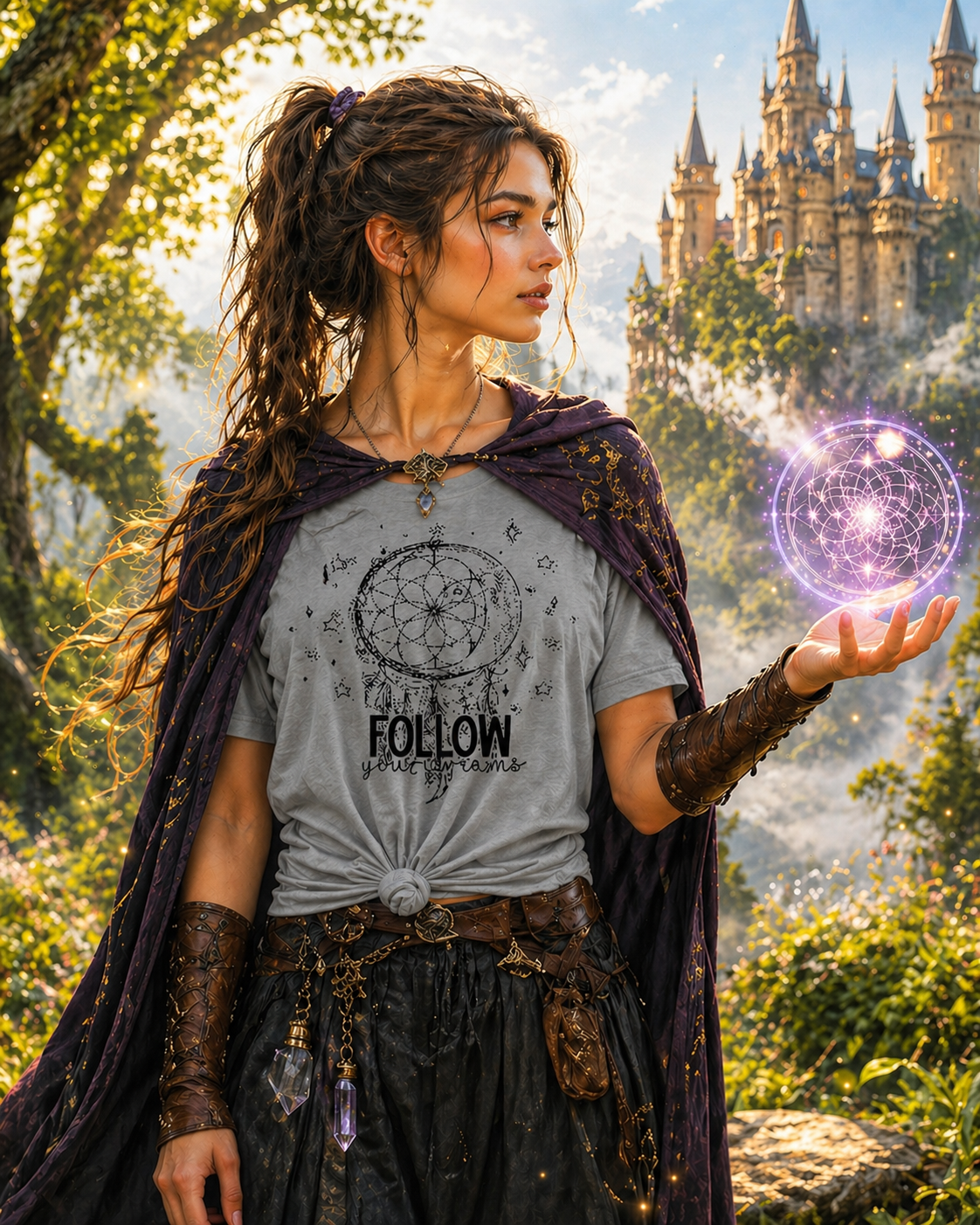 Girl wearing a sport grey graphic T-shirt with Follow Your Dreams design
