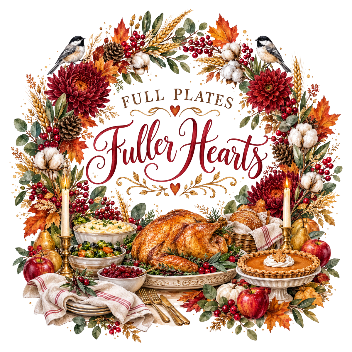 A festive autumn-themed graphic featuring a roasted turkey, pie, pumpkin, apples, bowls of side dishes, candles, and a floral wreath with birds, surrounding the text 'FULL PLATES Fuller Hearts' on a white background.