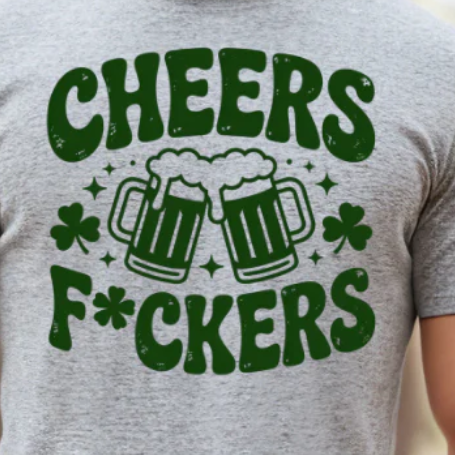 Funny Cheers Fckers graphic t-shirt with clinking beer glasses design