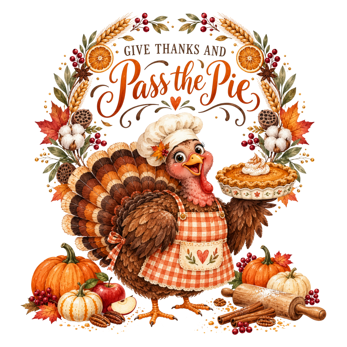A festive Thanksgiving illustration featuring a cartoon turkey in a white chef's hat and orange-and-white gingham apron, holding a pie. The scene is decorated with autumn leaves, pumpkins, apples, cinnamon sticks, a rolling pin, and the text 'GIVE THANKS AND Pass the Pie' in an ornate script.