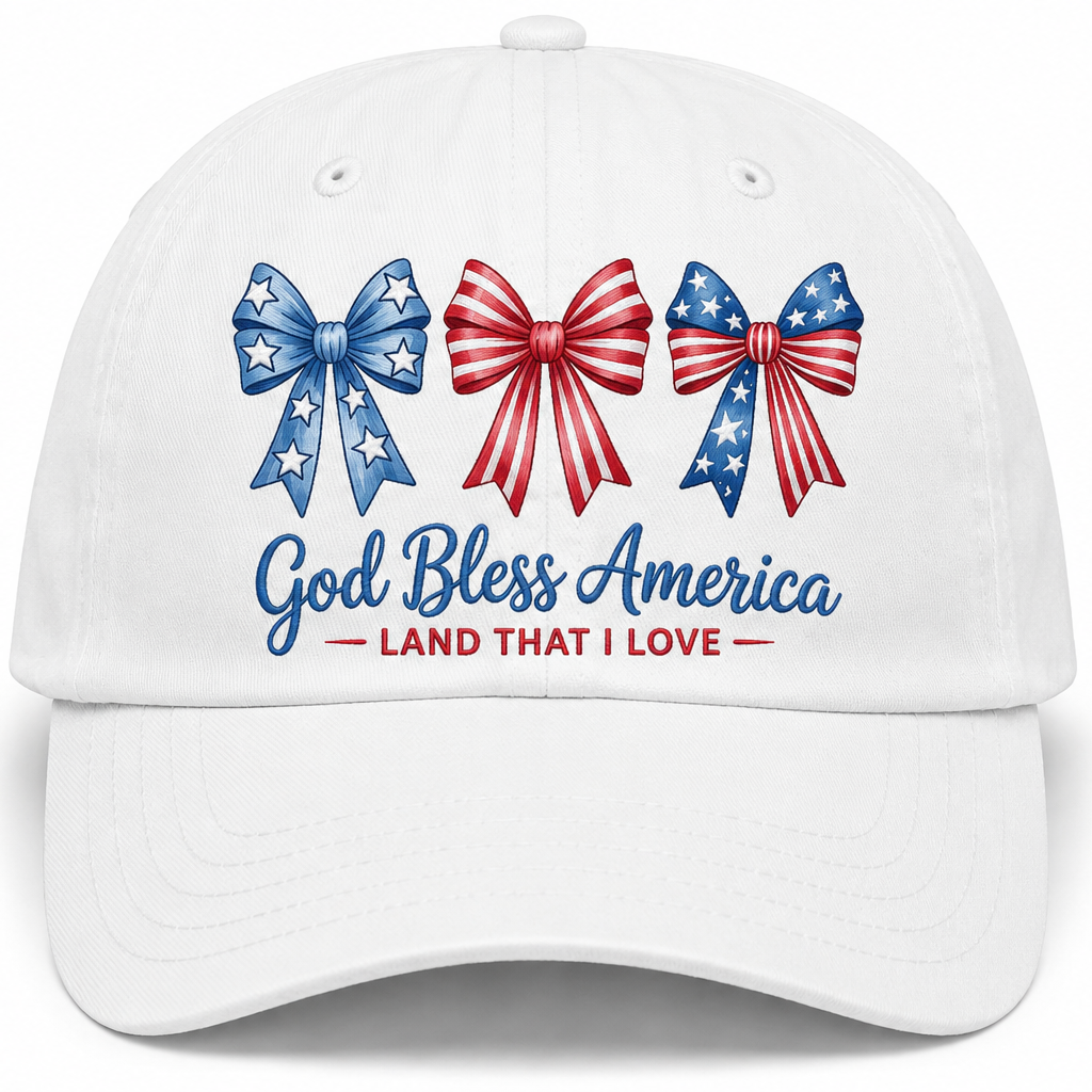 White cap with red, white, and blue bows and 'God Bless America' text on a white background