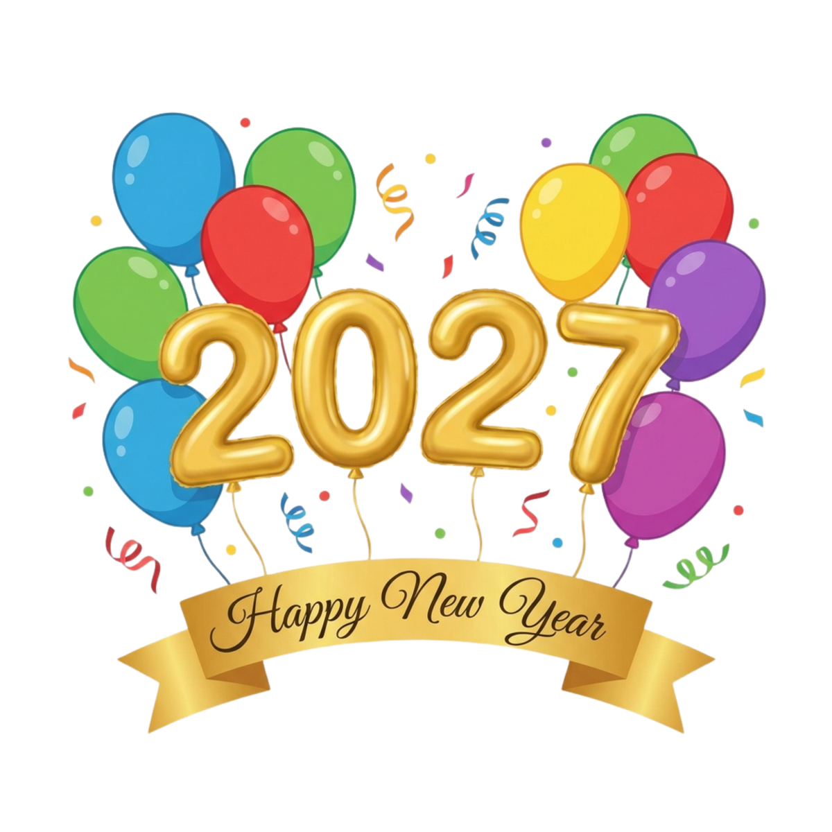 A New Year 2027 graphic with gold foil-style numbers spelling '2027', surrounded by colorful balloons in blue, green, red, yellow, purple, and confetti, with a gold ribbon banner reading 'Happy New Year' on a white background.