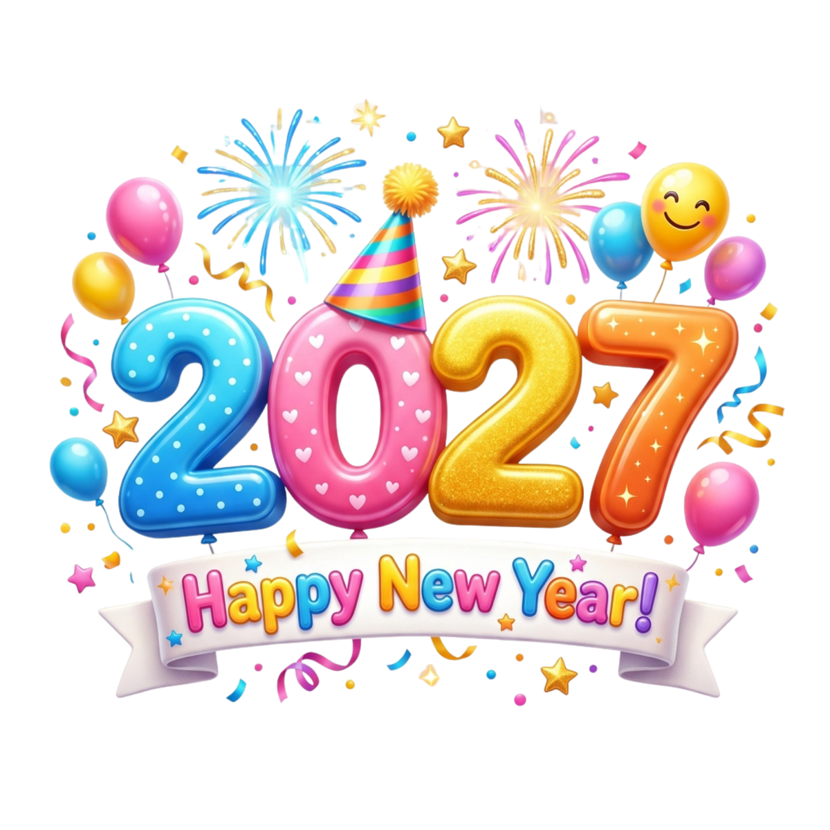 Colorful 3D '2027' balloons with a party hat, surrounded by balloons, fireworks, confetti, and a banner reading 'Happy New Year!' on a black background.