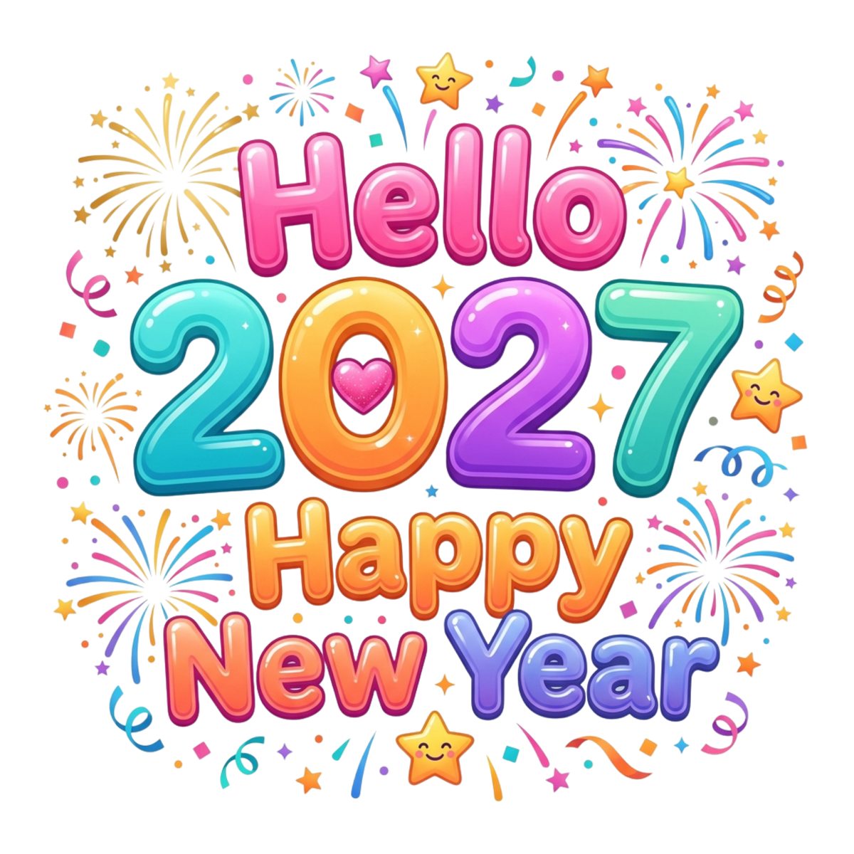 A colorful digital graphic reading 'Hello 2027 Happy New Year' in bubbly 3D lettering, surrounded by fireworks, stars, confetti, and streamers on a plain white background.