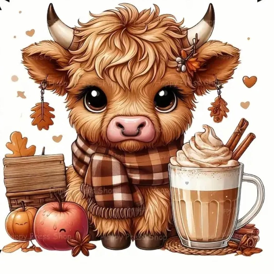 Highland Cow-ffee graphic t-shirt featuring a highland cow with a pumpkin, latte, cinnamon, and fall leaves — cozy autumn coffee lover tee.
