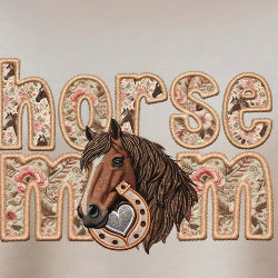 Faux-embroidery “Horse Mom” sweatshirt featuring a horse head framed by a lucky horseshoe, perfect for equestrian lovers.