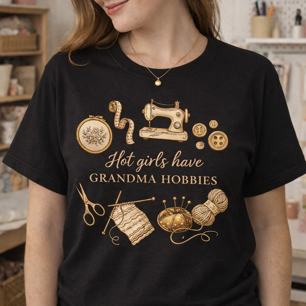 Person wearing a black t-shirt with gold sewing-themed graphics and text.