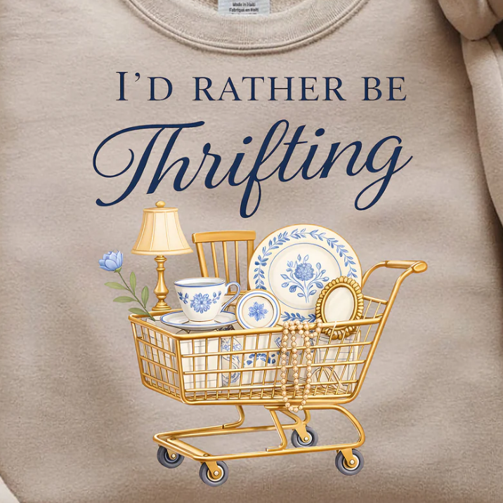 I’d Rather Be Thrifting shirt design with illustrated grocery cart full of secondhand vintage finds and retro items