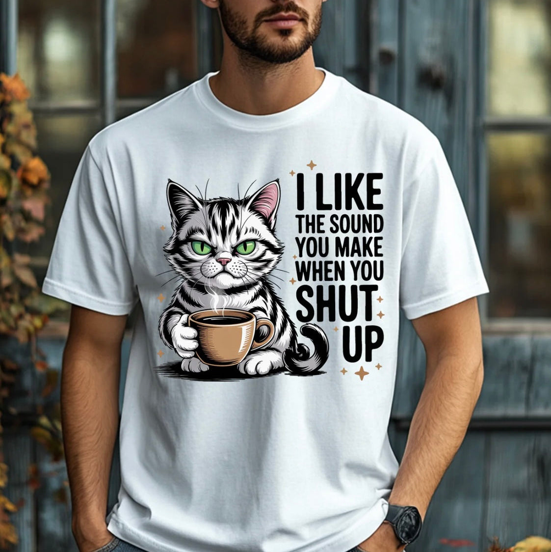 Sarcastic cat coffee graphic tee with bold humor. Perfect for coffee lovers, introverts, and anyone done with small talk.
