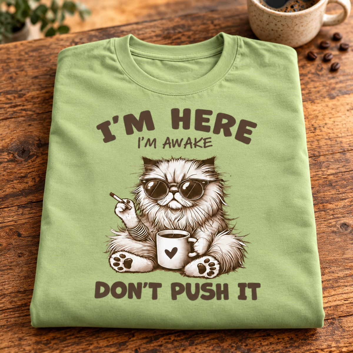 A folded pistachio green t-shirt with a humorous graphic of a fluffy cat wearing sunglasses and holding a mug, with the text 'I'M HERE I'M AWAKE DON'T PUSH IT'. The shirt is displayed on a rustic wooden table with coffee beans and a coffee mug in the background.