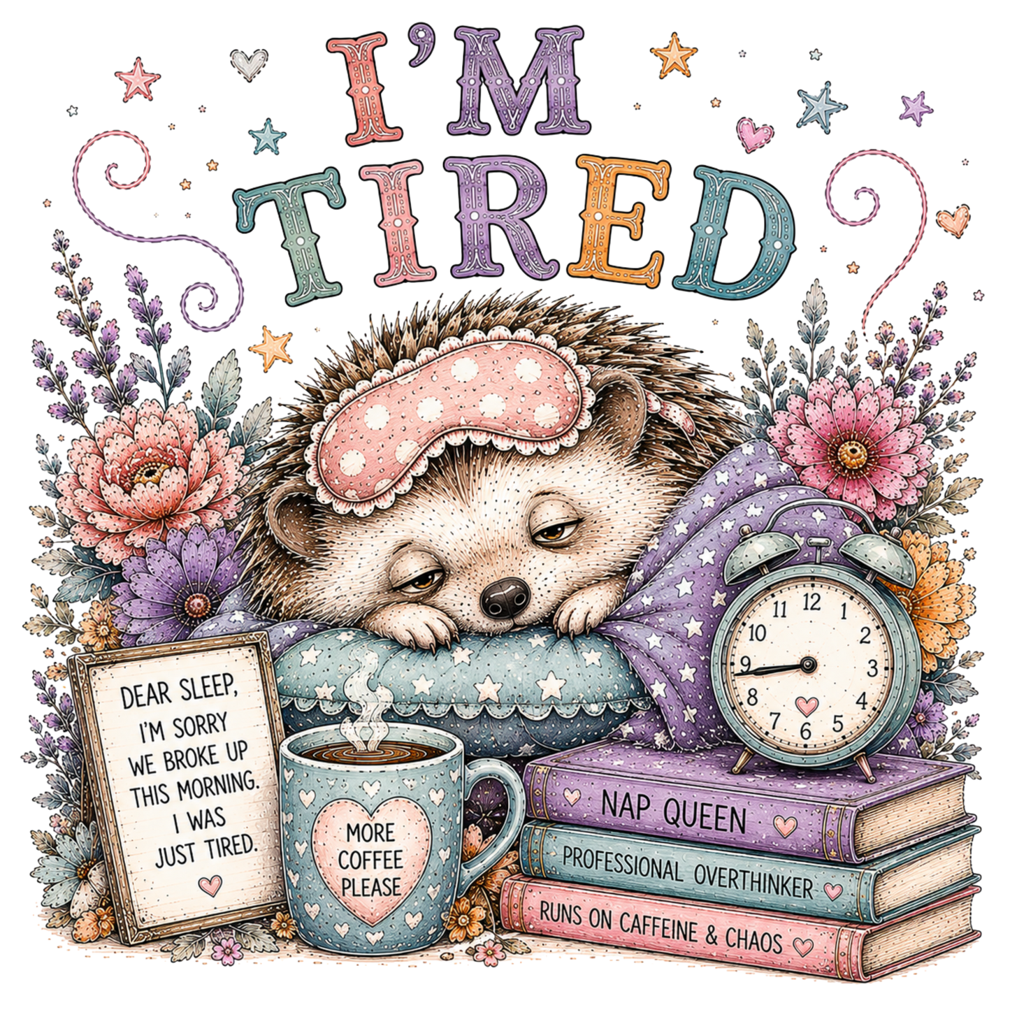 A hedgehog sleeping under a pink starry sleep mask, surrounded by flowers, a mug, books, an alarm clock, and the large text “I'M TIRED” on a white background.
