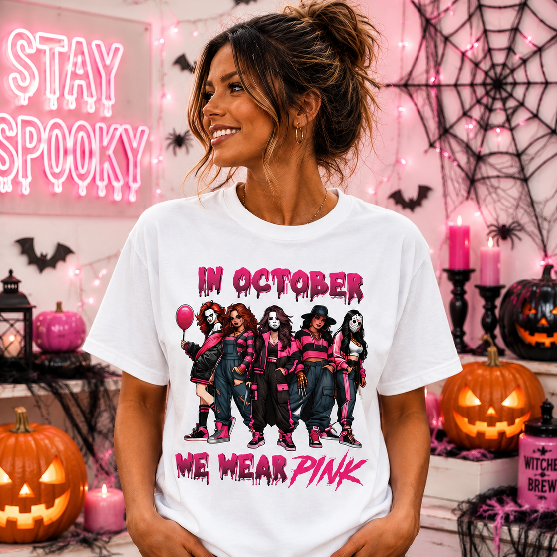 In October We Wear Pink Halloween Graphic T-Shirt