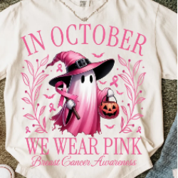Graphic t-shirt featuring a cute ghost dressed in pink for Halloween, supporting breast cancer awareness.