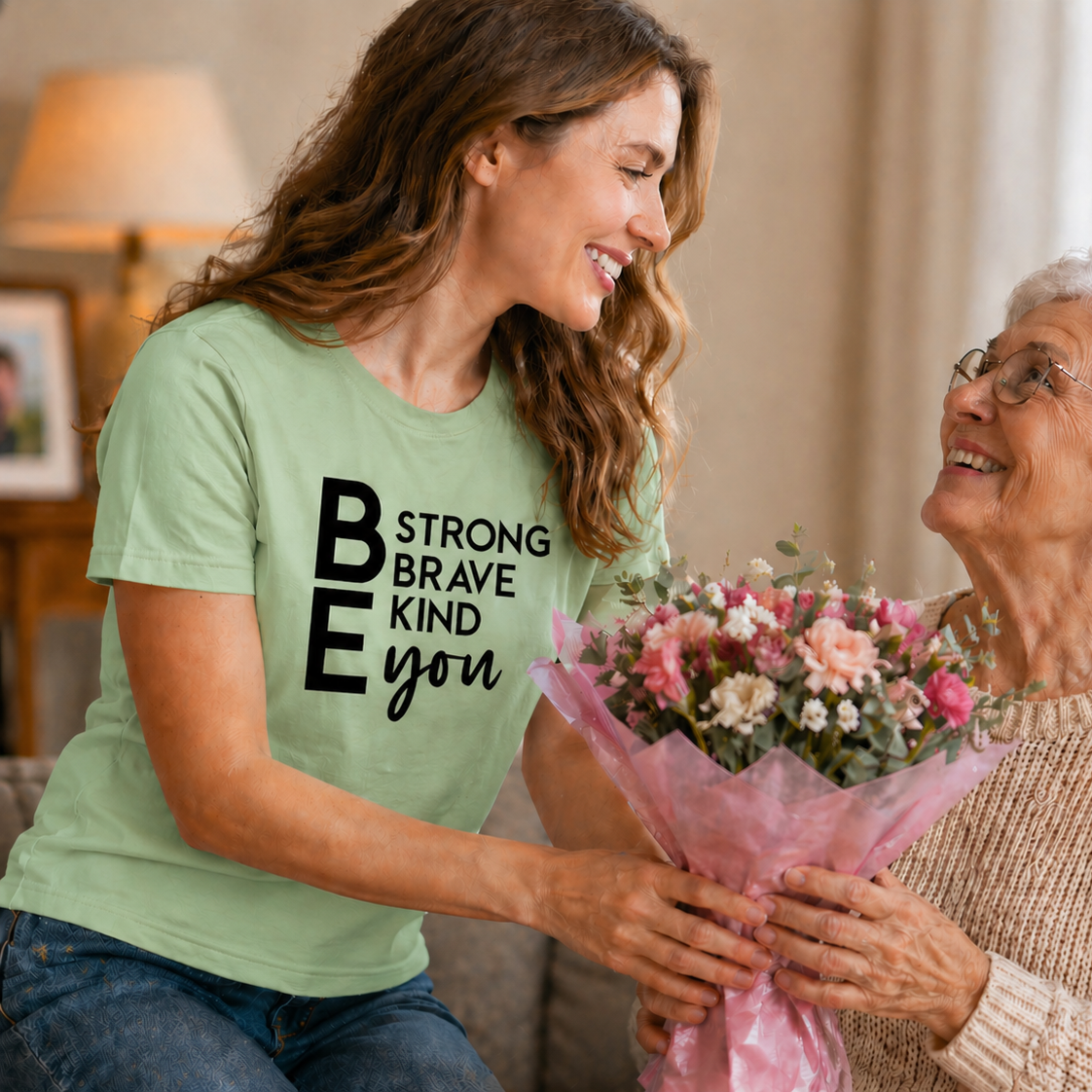 Women wearing a mint green t-shirt with motivational text.