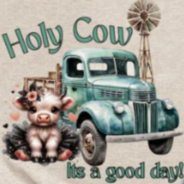 Graphic t-shirt with a Highland cow in a black tutu standing next to a vintage truck, blending fun and country charm.