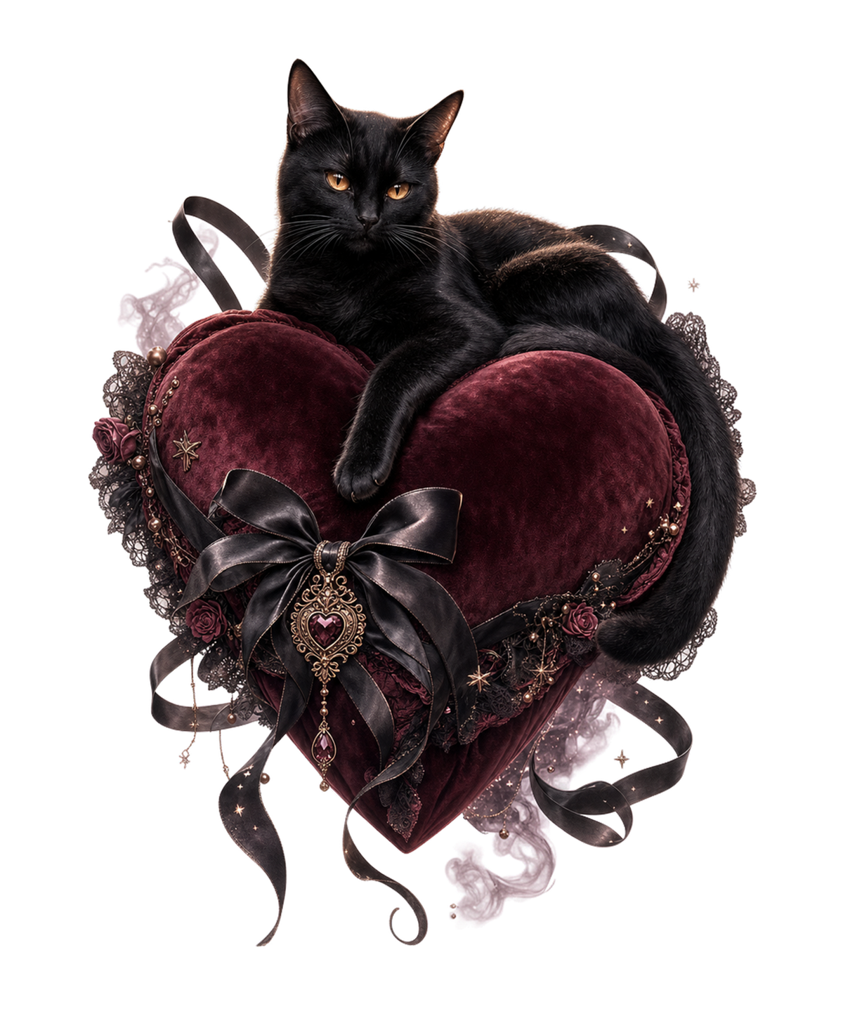 a black cat on a burgundy heart graphic design