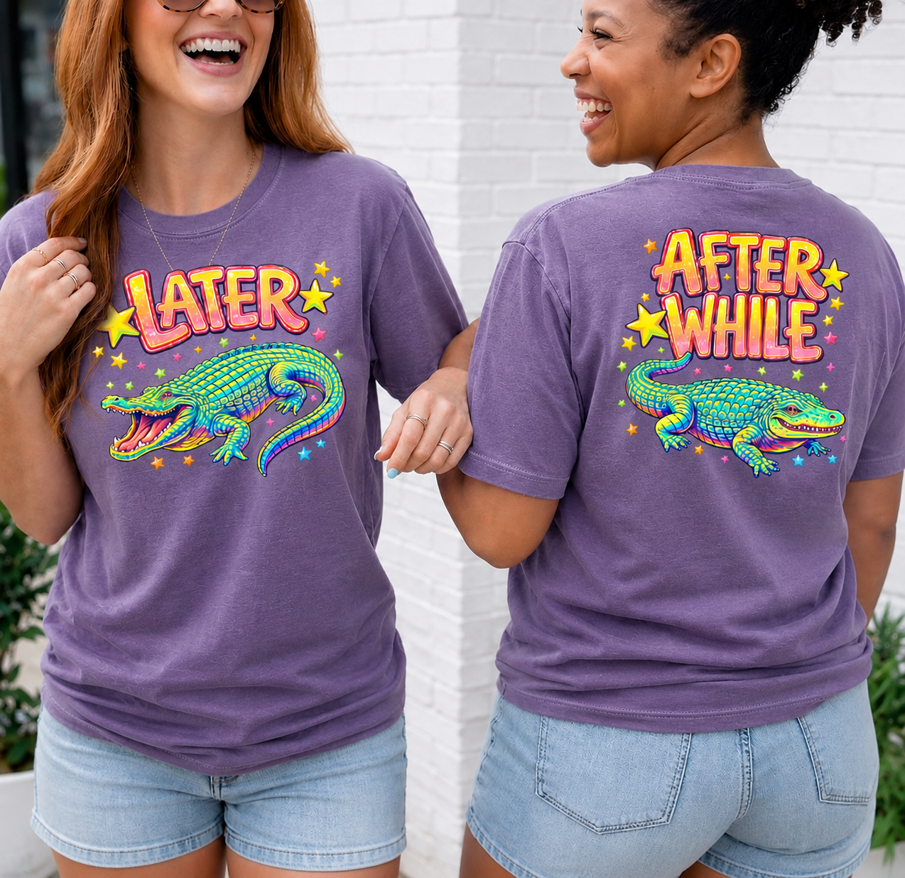 Two people wearing purple t-shirts with colorful alligator graphics and text.