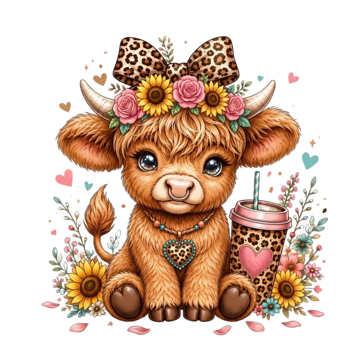 A cute cartoon highland cow illustration with large blue eyes, wearing a leopard-print bow and floral crown, sitting beside a leopard-print coffee cup with a pink heart on a white background.